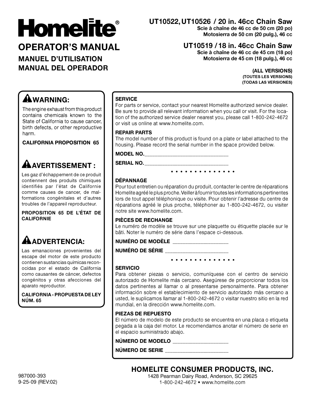 Homelite UT10522, UT10526 / 20 in cc Chain Saw, Manuel D’UTILISATION Manual DEL Operador, UT10519 / 18 in cc Chain Saw 